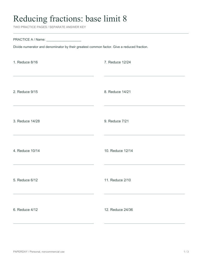 Preview of Reducing fractions: base limit 8 - practice and answers
