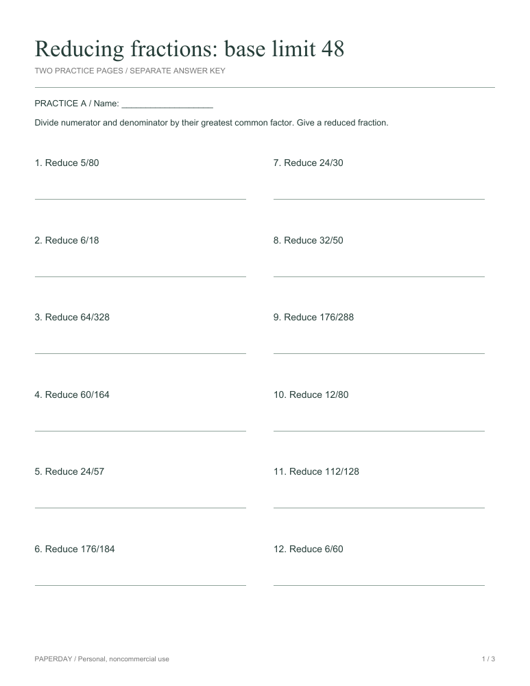 Preview of Reducing fractions: base limit 48 - practice and answers