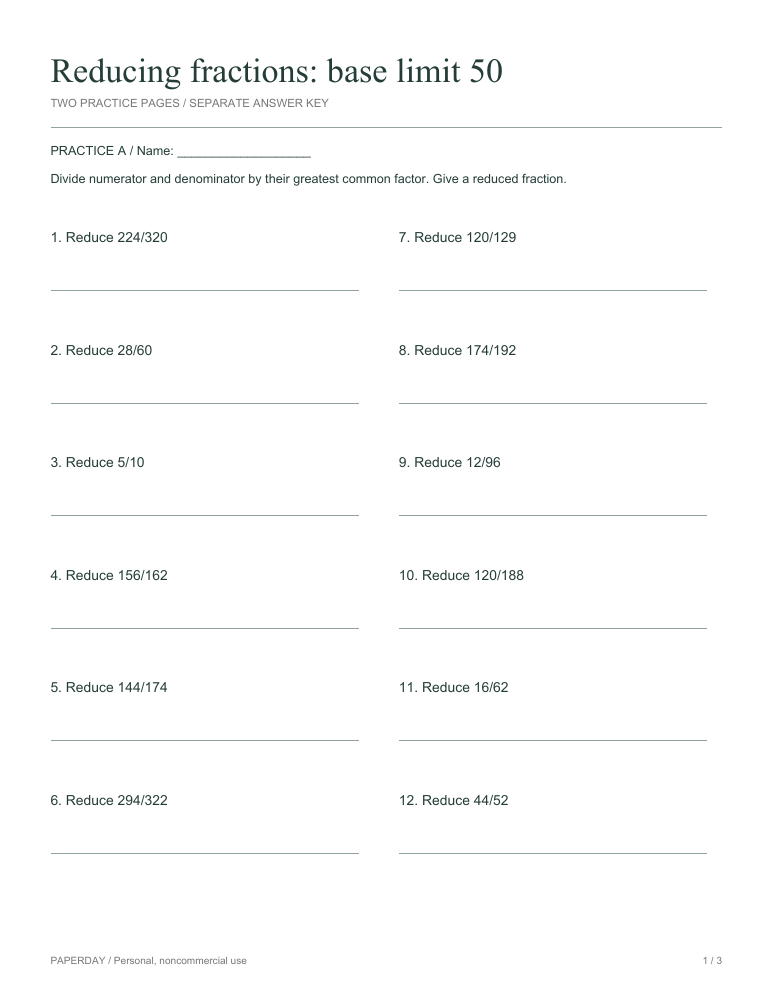 Preview of Reducing fractions: base limit 50 - practice and answers