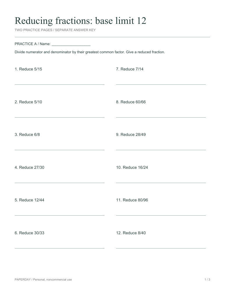Preview of Reducing fractions: base limit 12 - practice and answers