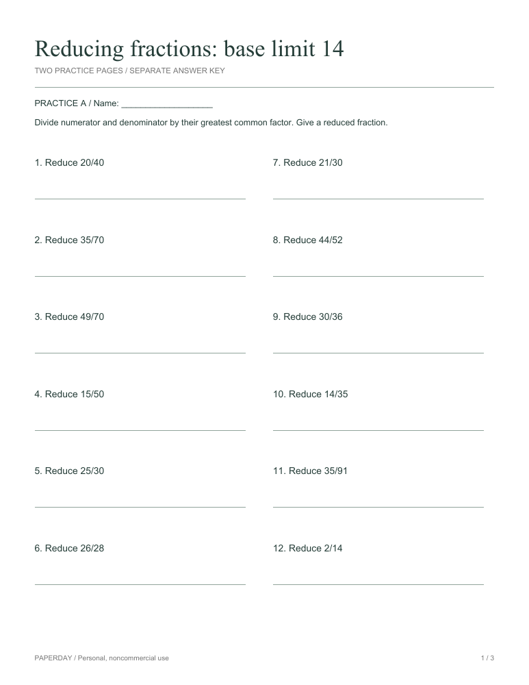 Preview of Reducing fractions: base limit 14 - practice and answers