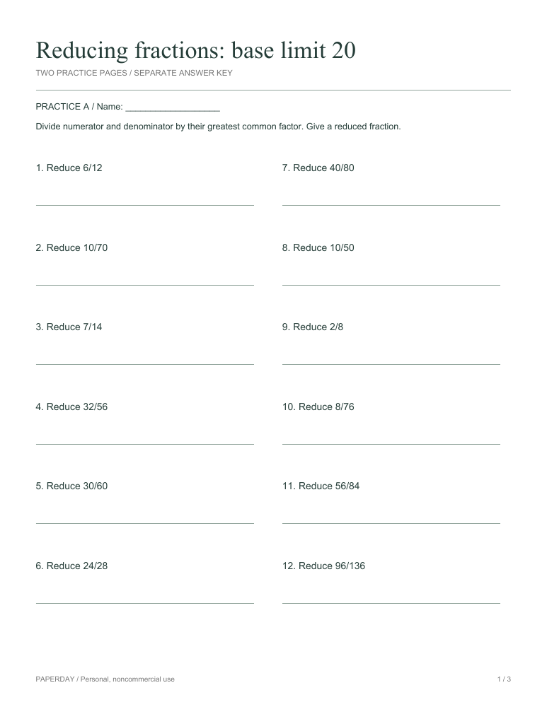 Preview of Reducing fractions: base limit 20 - practice and answers