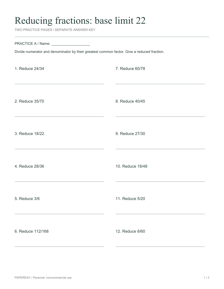 Preview of Reducing fractions: base limit 22 - practice and answers