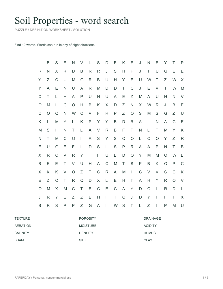 Preview of Soil Properties Word Search