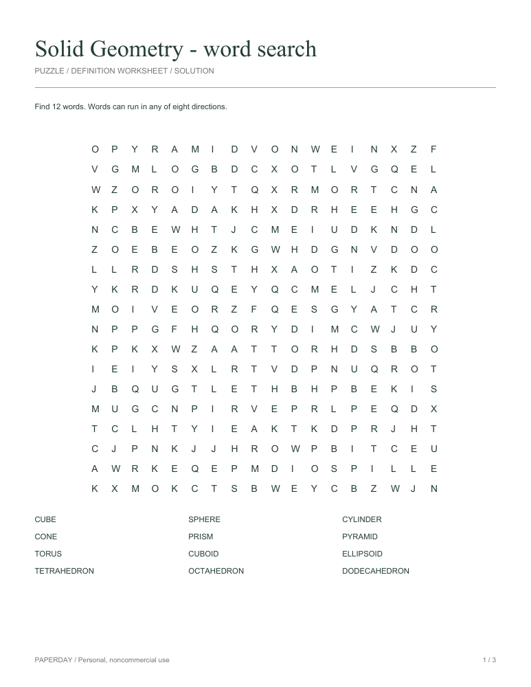 Page one of Solid Geometry Word Search