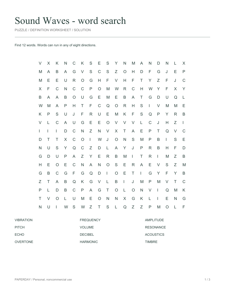 Preview of Sound Waves Word Search