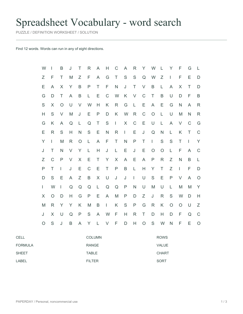 Preview of Spreadsheet Vocabulary Word Search