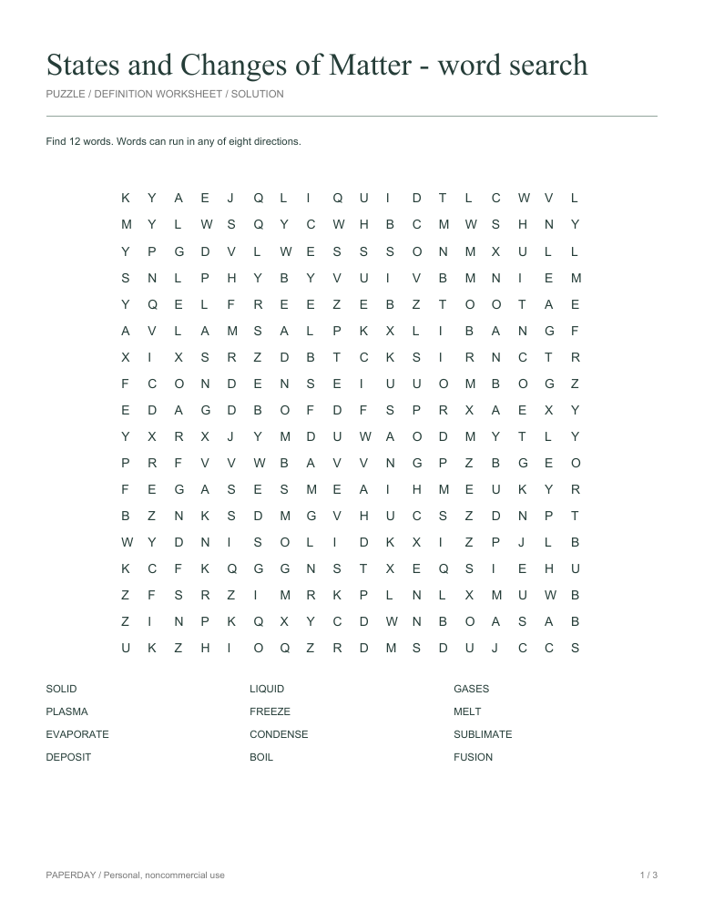 Preview of States and Changes of Matter Word Search