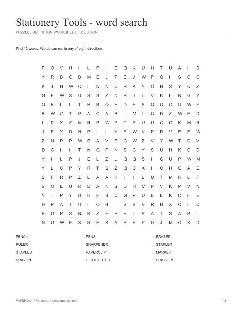 Preview of Stationery Tools Word Search
