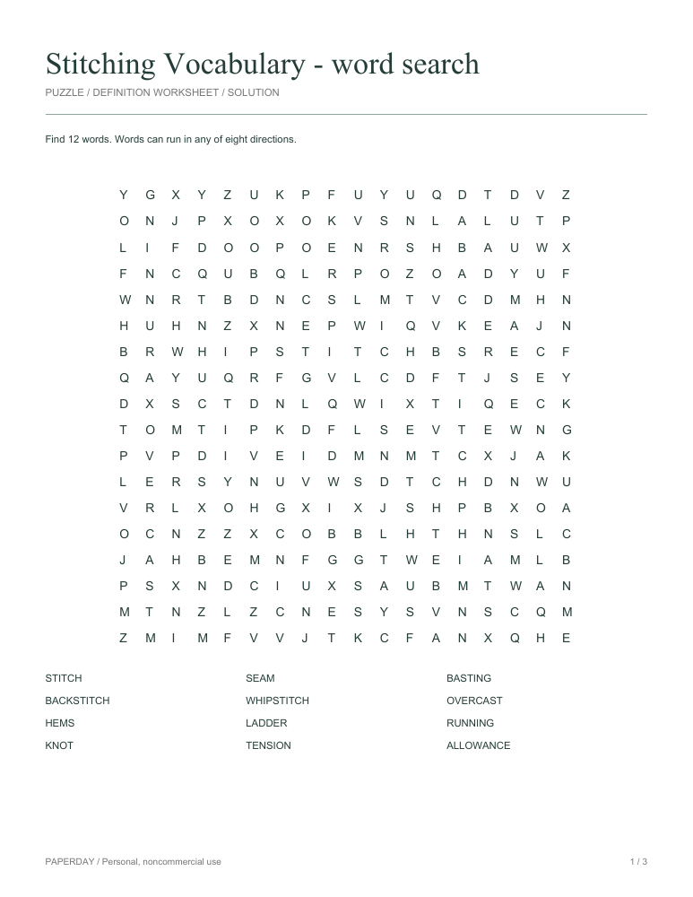 Preview of Stitching Vocabulary Word Search