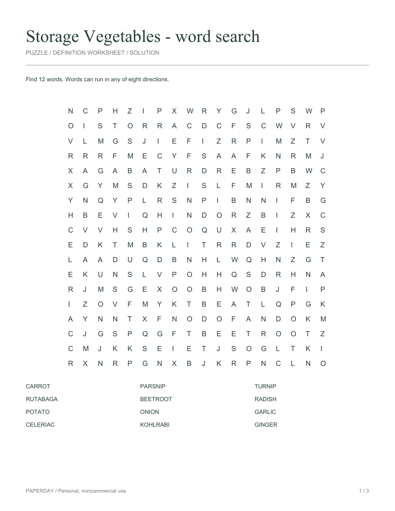 Preview of Storage Vegetables Word Search