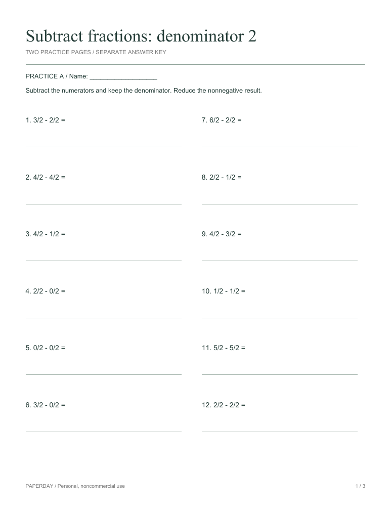 Preview of Subtract fractions: denominator 2 - practice and answers