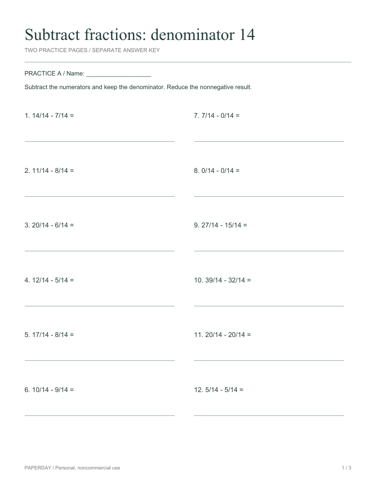 Preview of Subtract fractions: denominator 14 - practice and answers