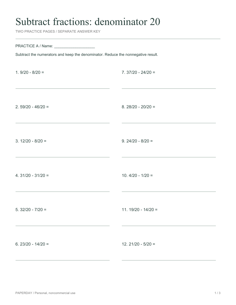 Preview of Subtract fractions: denominator 20 - practice and answers