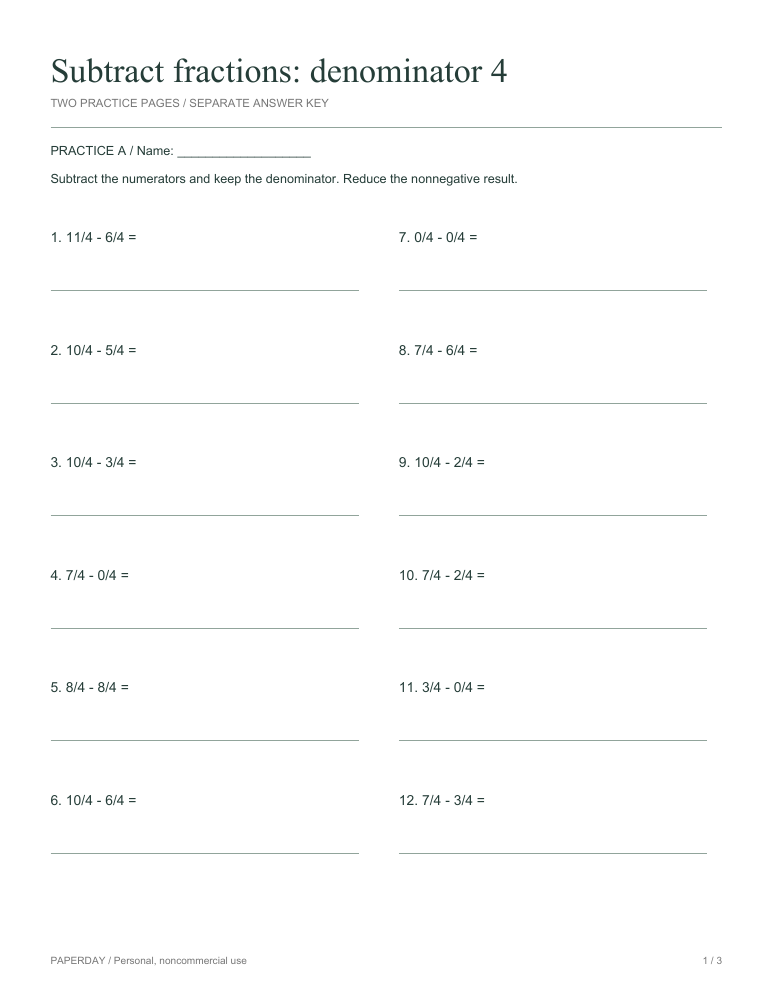 Preview of Subtract fractions: denominator 4 - practice and answers