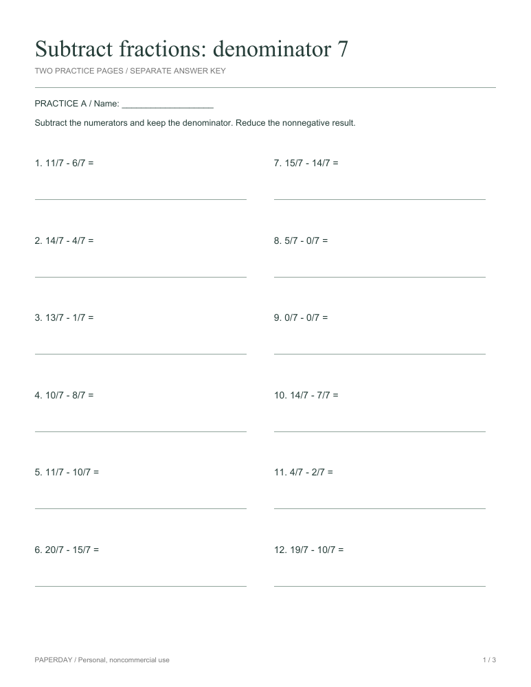 Preview of Subtract fractions: denominator 7 - practice and answers