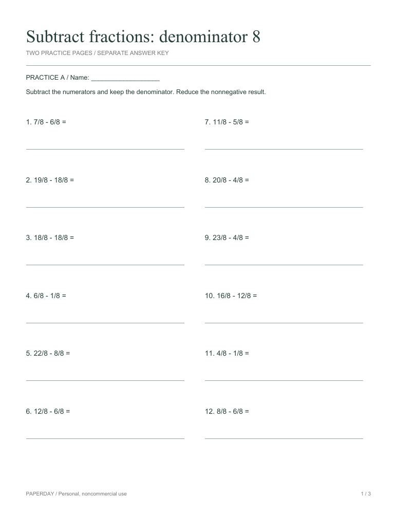 Preview of Subtract fractions: denominator 8 - practice and answers