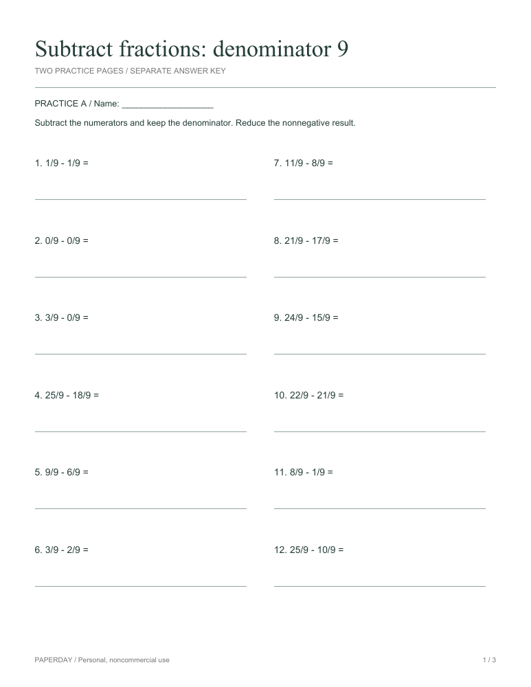Preview of Subtract fractions: denominator 9 - practice and answers