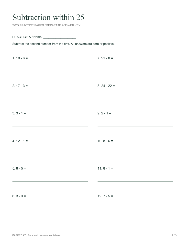 Preview of Subtraction within 25 - practice and answers