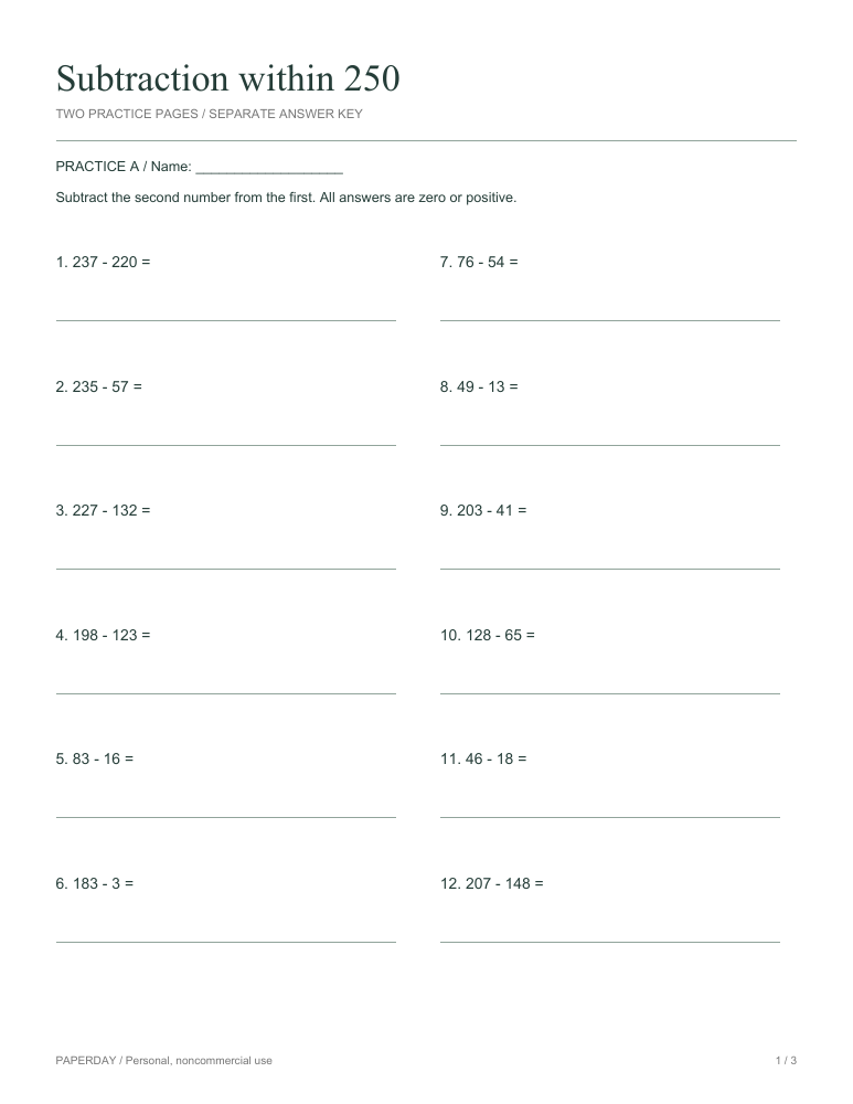 Preview of Subtraction within 250 - practice and answers