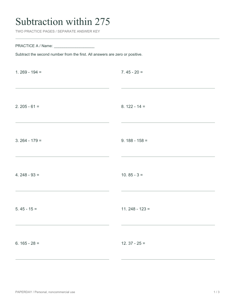 Preview of Subtraction within 275 - practice and answers