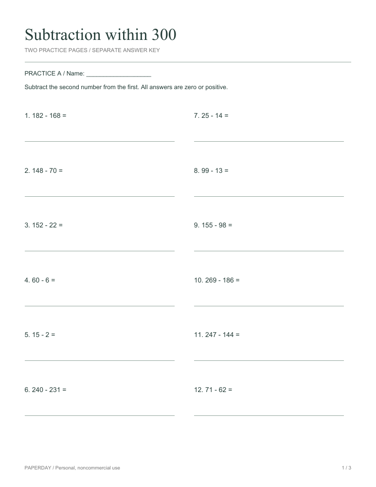 Preview of Subtraction within 300 - practice and answers