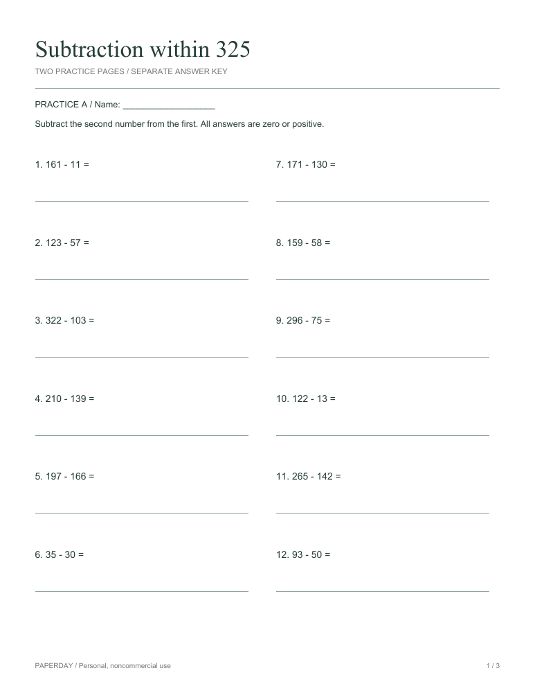 Preview of Subtraction within 325 - practice and answers