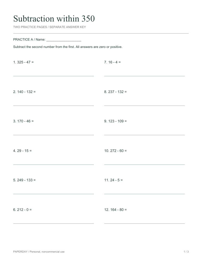 Preview of Subtraction within 350 - practice and answers