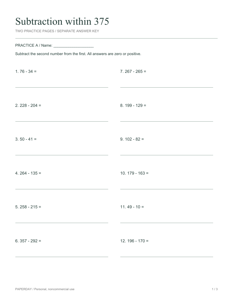 Preview of Subtraction within 375 - practice and answers