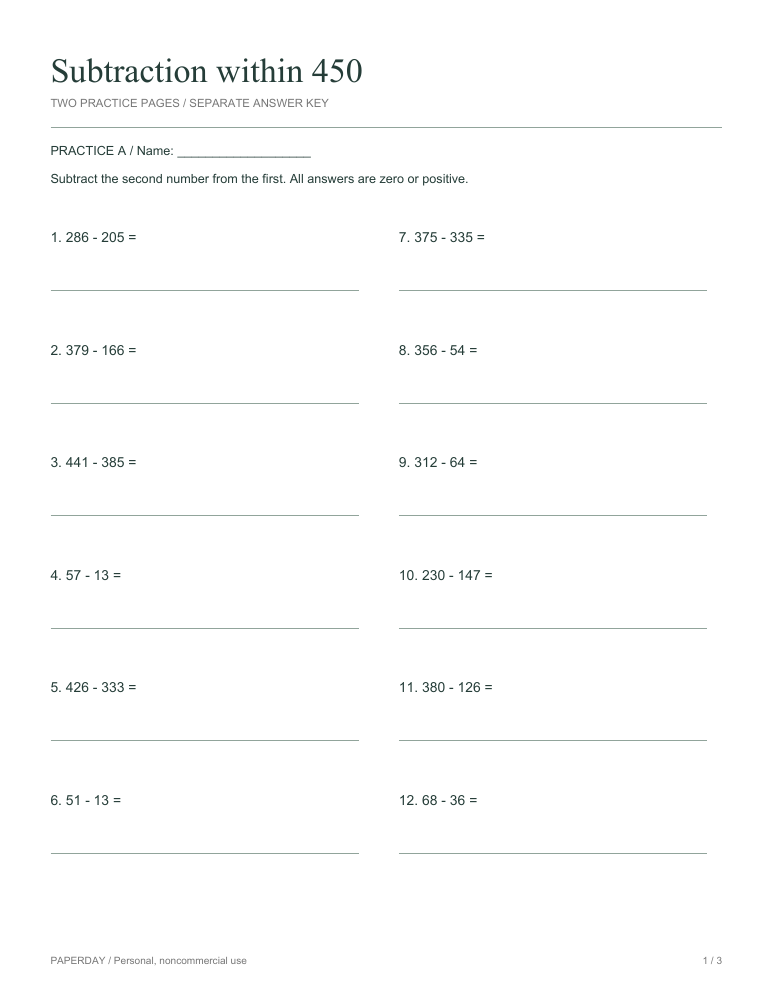 Preview of Subtraction within 450 - practice and answers