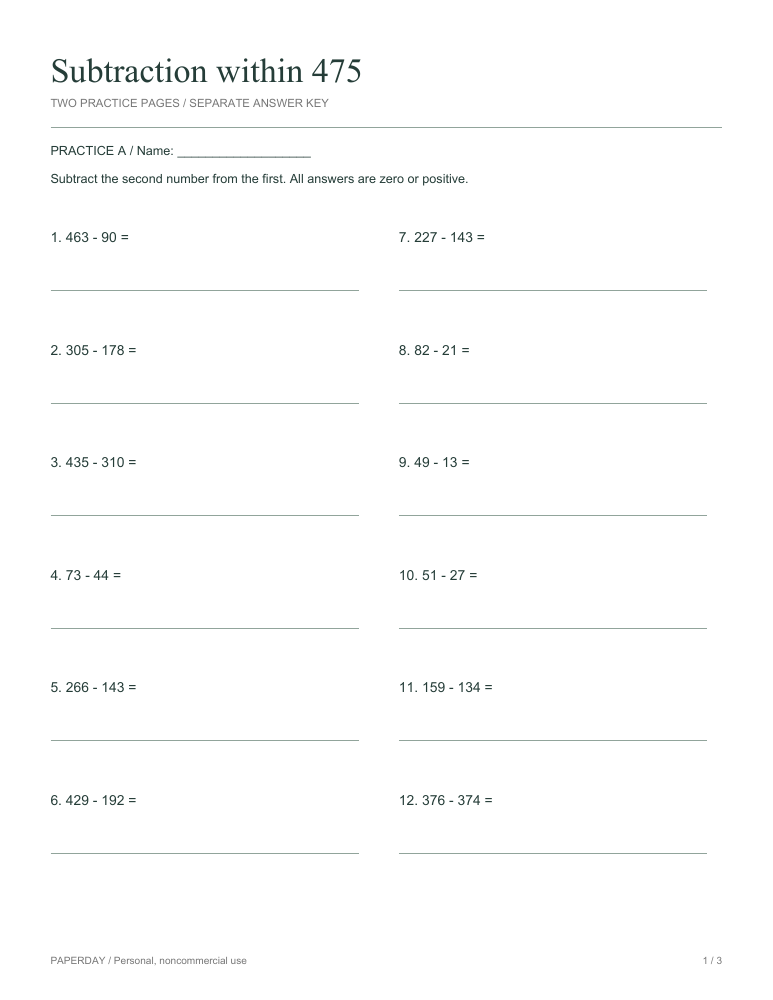 Preview of Subtraction within 475 - practice and answers