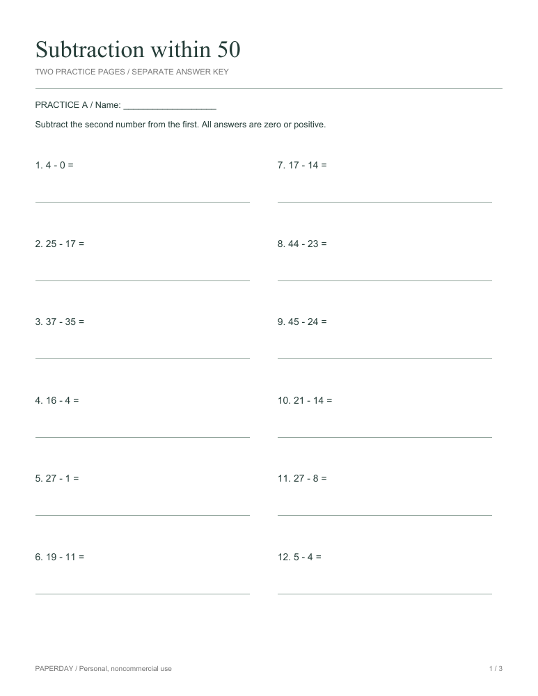 Preview of Subtraction within 50 - practice and answers