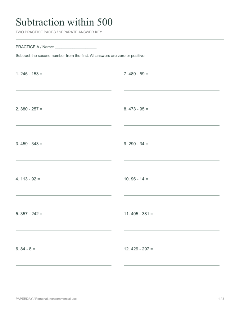 Preview of Subtraction within 500 - practice and answers