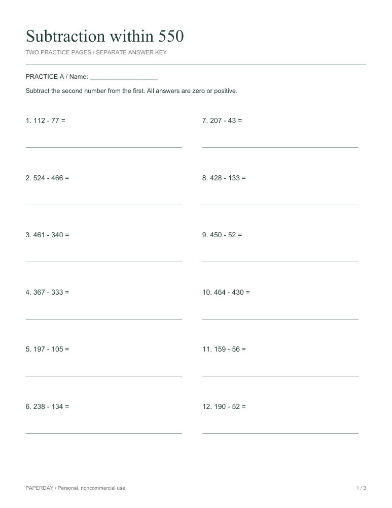 Preview of Subtraction within 550 - practice and answers