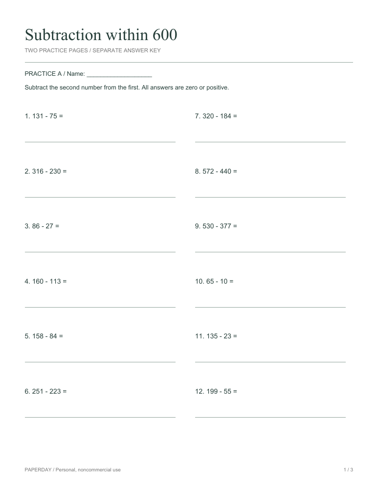 Preview of Subtraction within 600 - practice and answers