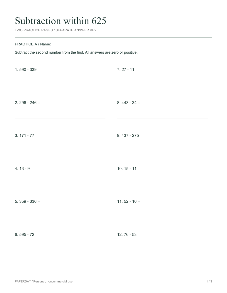 Preview of Subtraction within 625 - practice and answers
