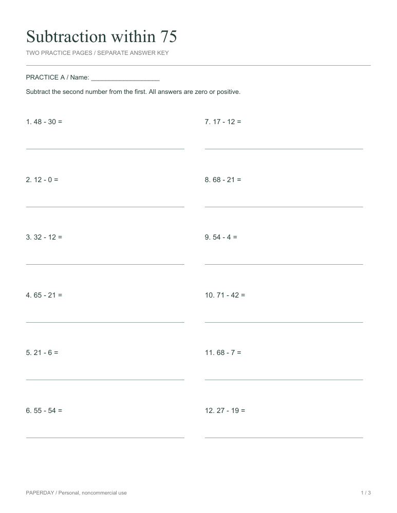 Preview of Subtraction within 75 - practice and answers