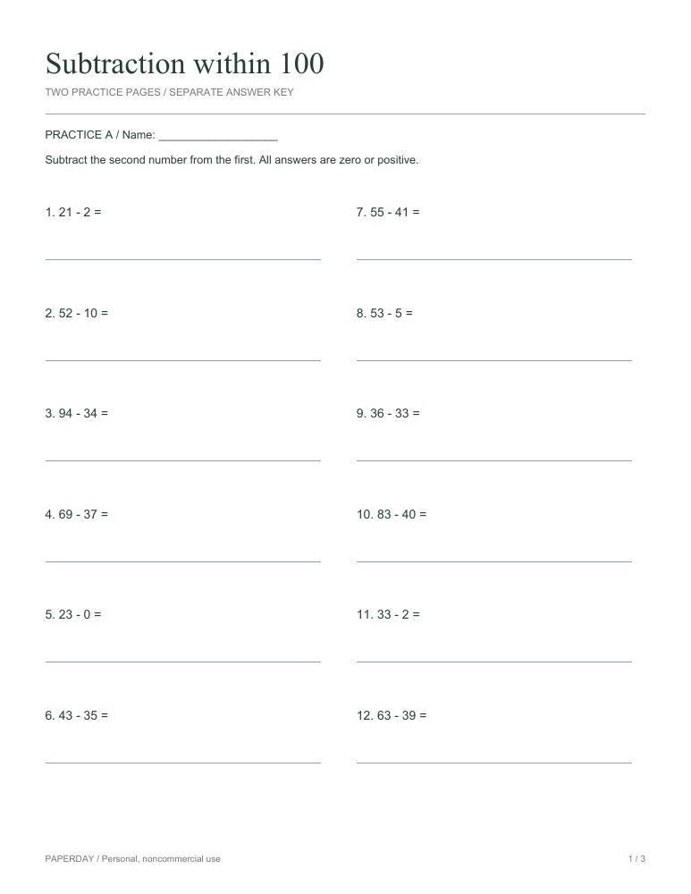 Preview of Subtraction within 100 - practice and answers
