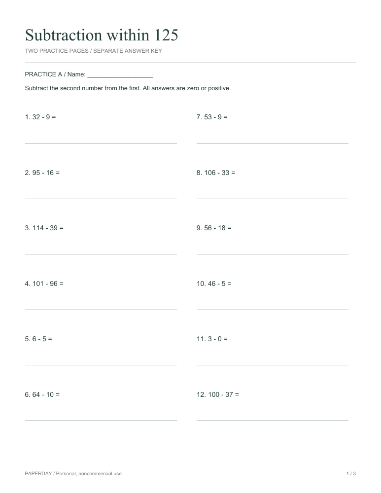Preview of Subtraction within 125 - practice and answers