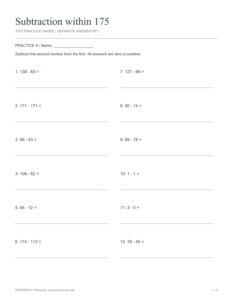 Preview of Subtraction within 175 - practice and answers