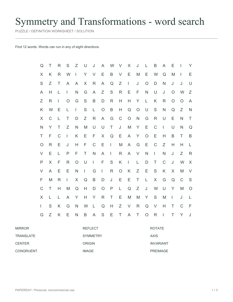 Preview of Symmetry and Transformations Word Search