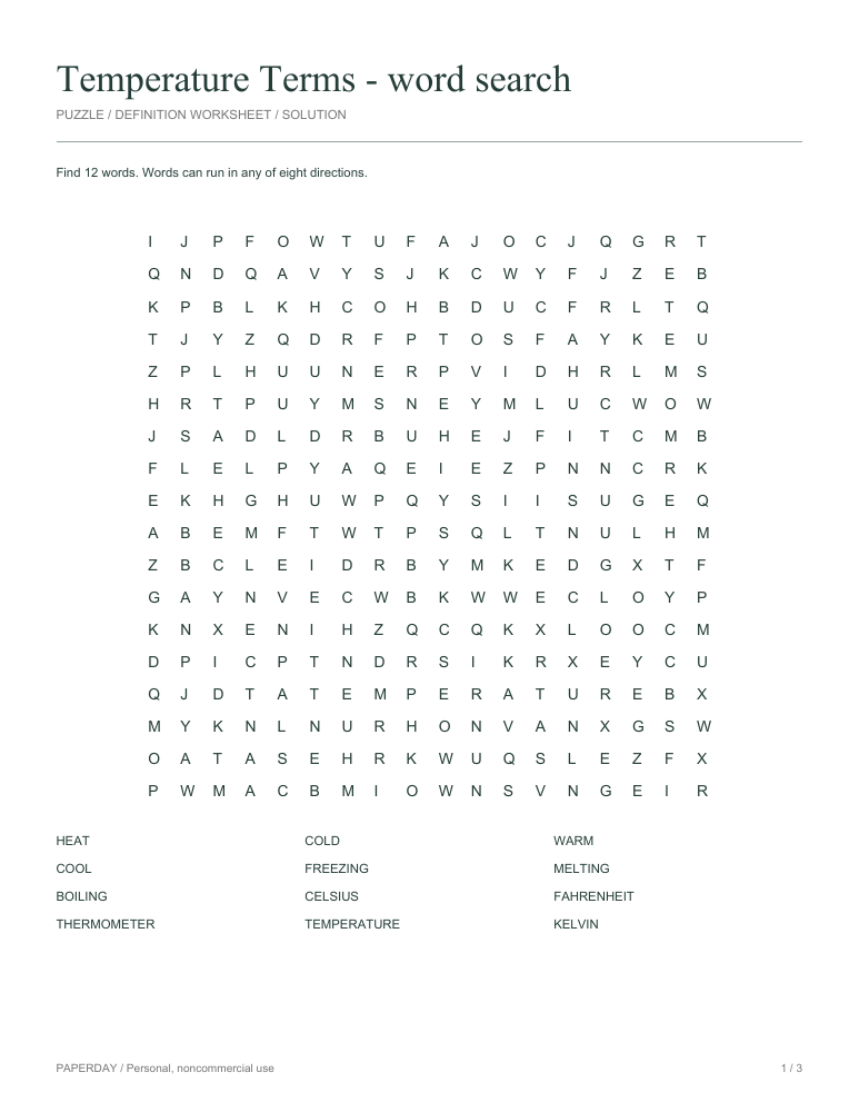 Preview of Temperature Terms Word Search