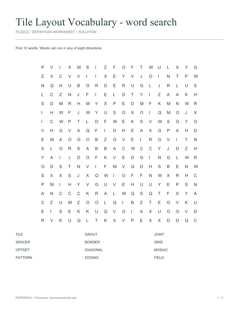 Preview of Tile Layout Vocabulary Word Search