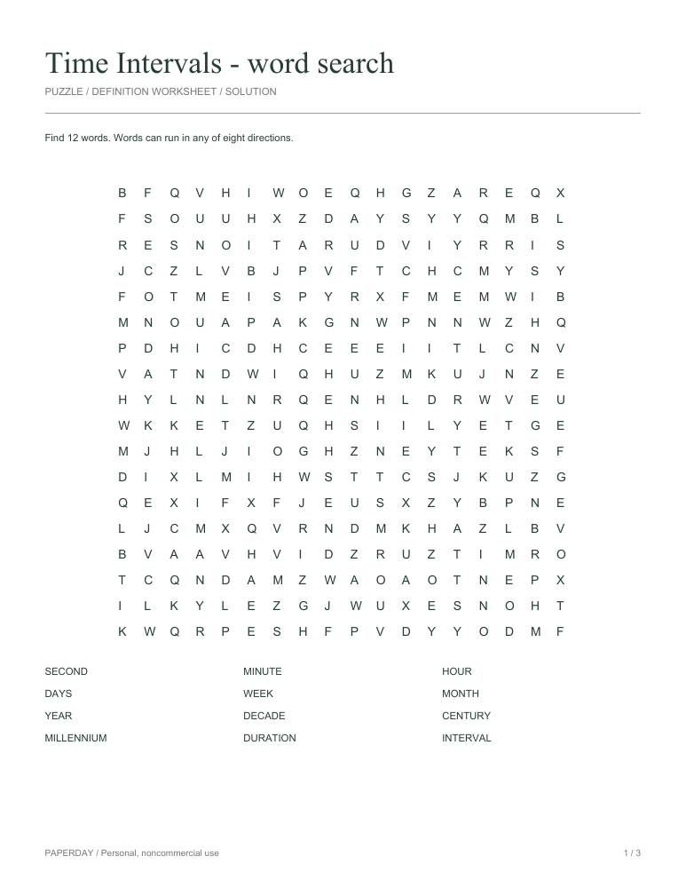 Preview of Time Intervals Word Search