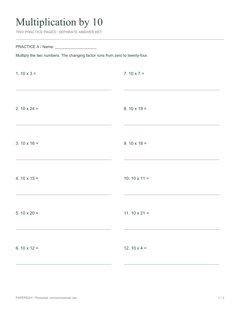 Preview of Multiplication by 10 - practice and answers