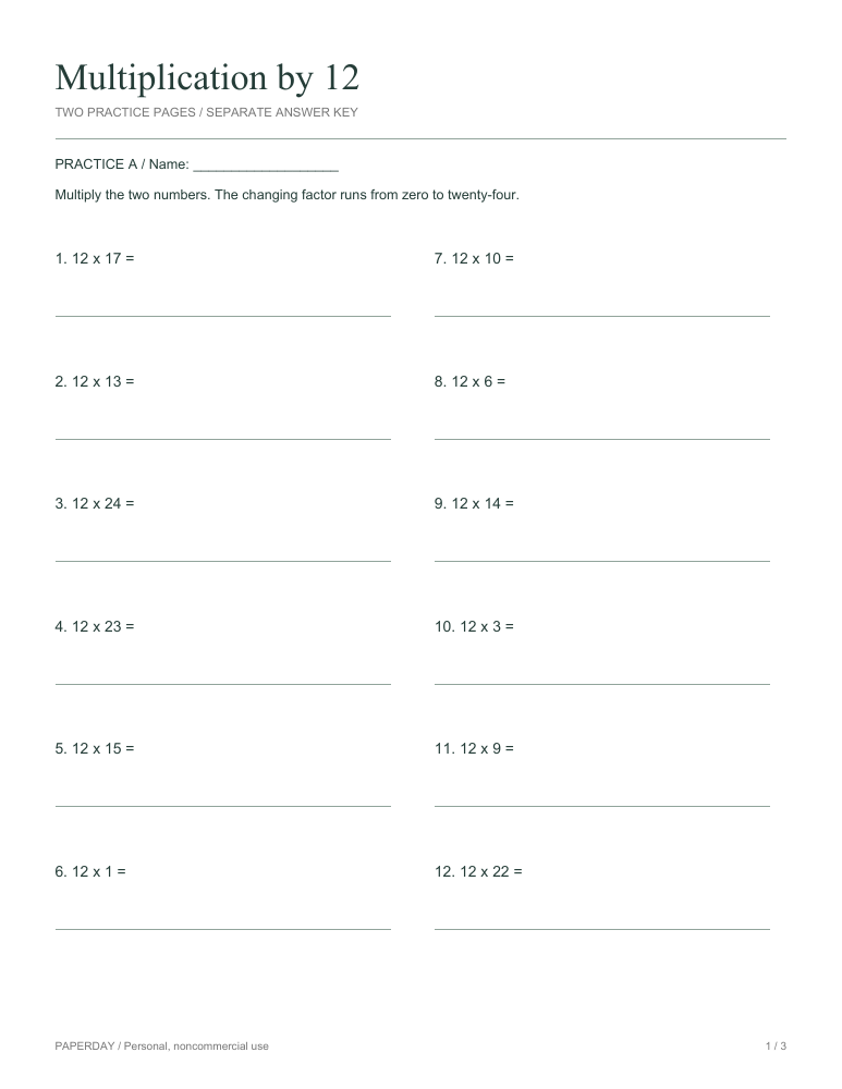 Preview of Multiplication by 12 - practice and answers