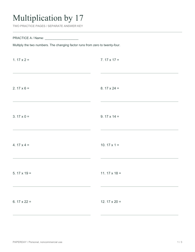 Preview of Multiplication by 17 - practice and answers