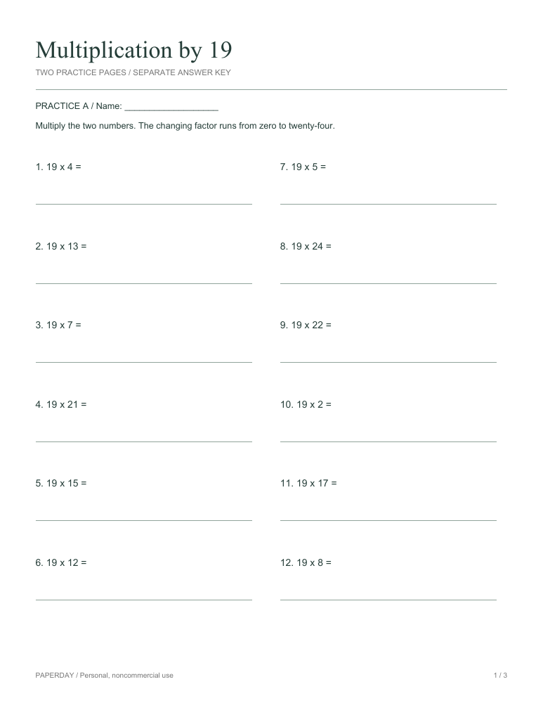 Preview of Multiplication by 19 - practice and answers