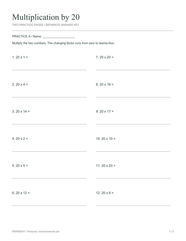 Preview of Multiplication by 20 - practice and answers