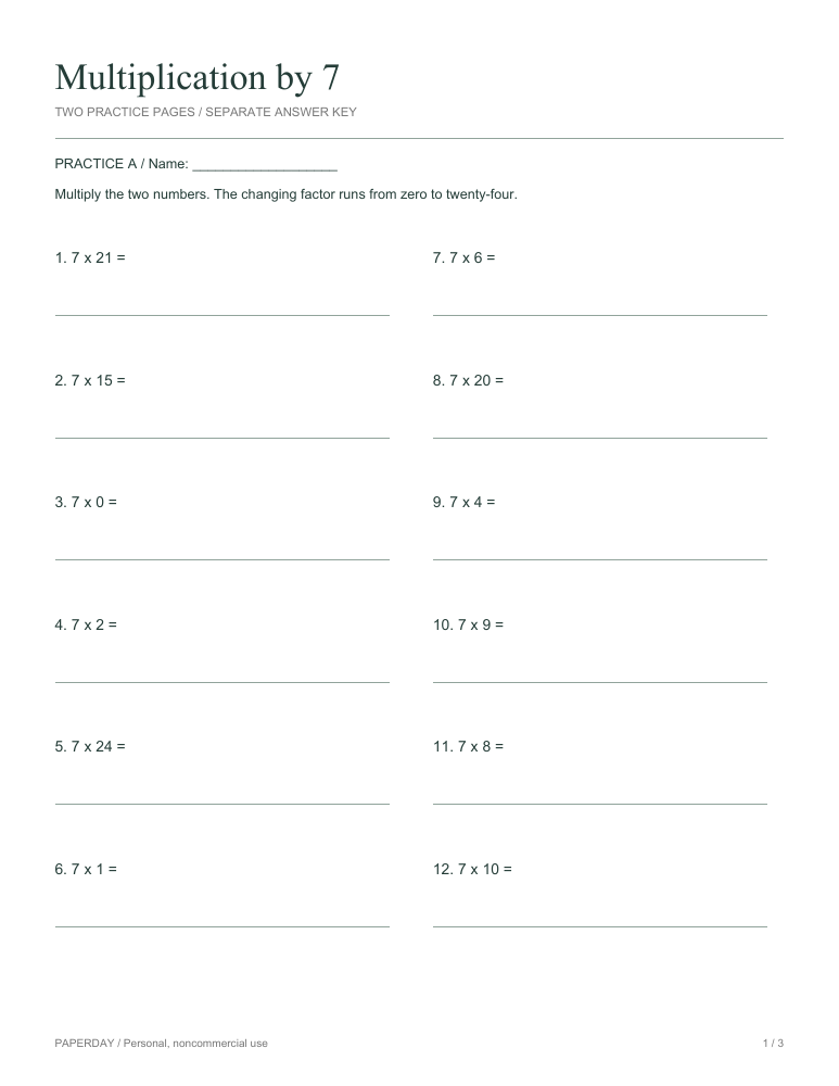 Preview of Multiplication by 7 - practice and answers